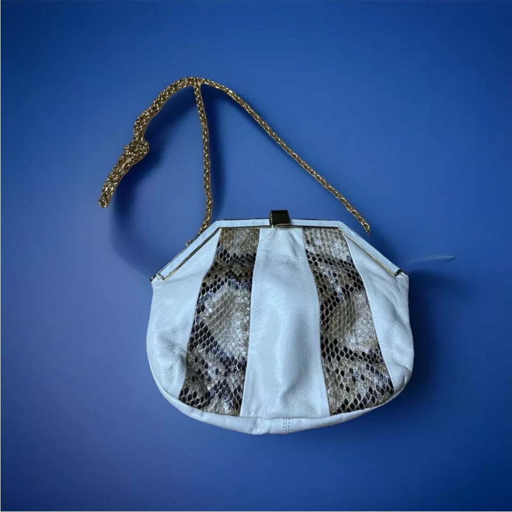 VTG 80s Genuine Snakeskin And Leather Crossbody Clutch Bag White Purse handbag